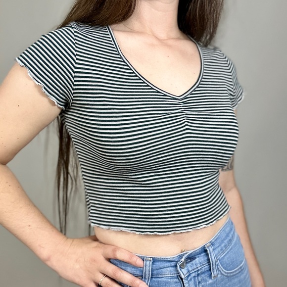 *SWS Essentials Green and Grey Stripped Baby T with Scalloped edges - Picture 3 of 8